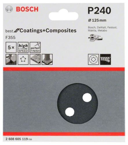 BOSCH Papier abrasif F355, paquet de 5 125 mm, 240 2608605119