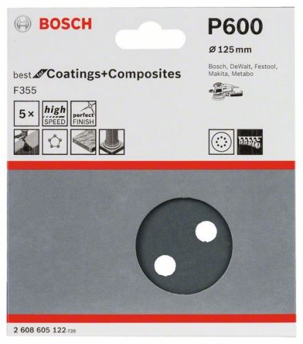 BOSCH Papier abrasif F355, paquet de 5 125 mm, 600 2608605122