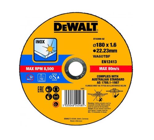 DeWALT Disque à tronçonner pour acier inoxydable (Type 1) 180 x 22,2 x 1,6 mm DT43908