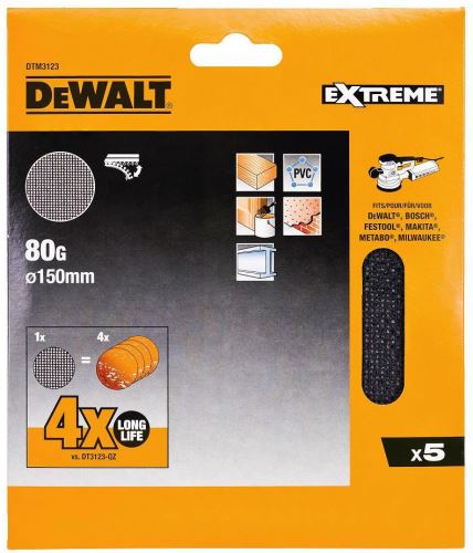 Maille de ponçage DeWALT, Velcro, 150 mm, P80 (5 pièces) DTM3123