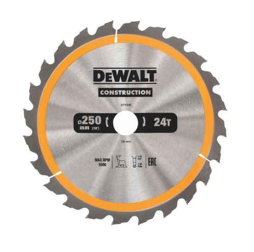 Lame de scie DeWALT (idéale pour les scies FLEXVOLT) ATB 10°, 250 x 30 mm, 24 dents DT1956