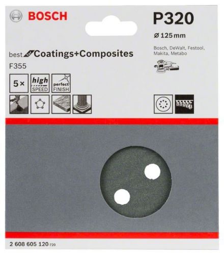 BOSCH Papier abrasif F355, paquet de 5 125 mm, 320 2608605120