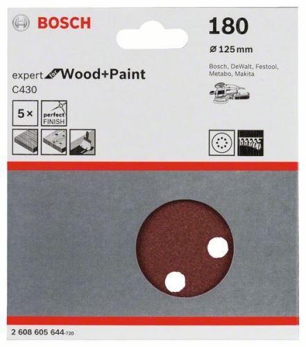 BOSCH Papier abrasif C430, paquet de 5 pièces 125 mm, 180 2608605644