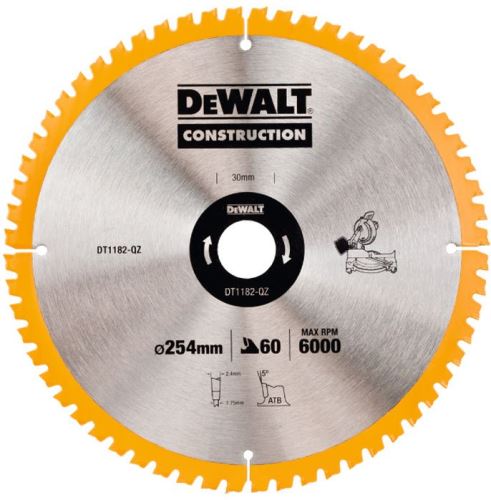 Lame de scie à onglet DeWALT CONSTRUCTION avec clous, 254 x 30 mm, 60 dents DT1182