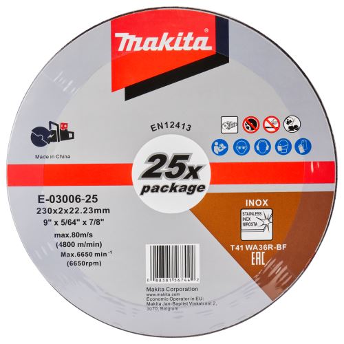 Disque à tronçonner en acier inoxydable MAKITA 230x2,0x22,23 mm, 25 pièces E-03006-25