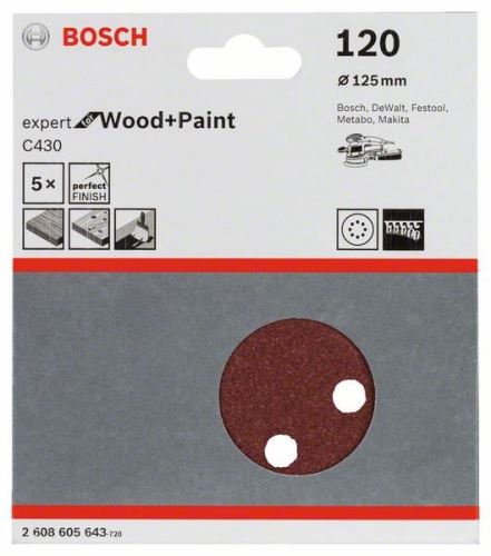 BOSCH Papier abrasif C430, paquet de 5 pièces 125 mm, 120 2608605643