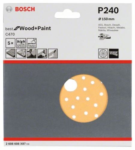 BOSCH Papiers abrasifs C470 pour ponceuses excentriques, Best for Wood and Paint, diamètre 150 mm, 240 multiperforation (5 pcs) 2608608X87