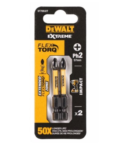 DeWALT Embout de tournevis à torsion 57 mm, PH2, EXTREME (2 pièces) DT70532T