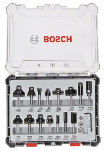 BOSCH Jeu mixte de fraises profilées avec broche Ø 8 mm, 15 pièces 2607017472