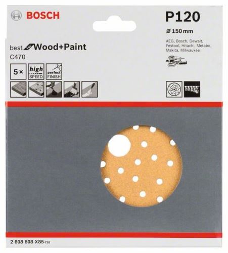 BOSCH Papiers abrasifs C470 pour ponceuses excentriques, Best for Wood and Paint, diamètre 150 mm, 120 multi-perforations (5 pcs) 2608608X85