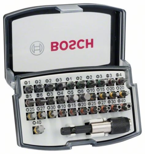 Jeu d'embouts de tournevis BOSCH 32 pièces PH1 ; PH2; PH2; PH3; PZ1 ; PZ2 ; PZ2 ; PZ3 ; HEXA 3 ; HEXA 4 ; HEXA 5 ; HEXA 6 ; T10 ; T15 ; T20 ; T20 ; T25 ; T27 ; T30 ; T40 2607017319