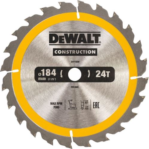 Lame de scie DeWALT 184 x 16 mm, 24 dents, coupe longitudinale DT1939