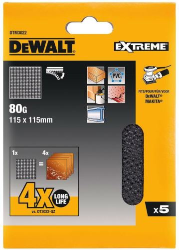 DeWALT Maille de ponçage, Velcro, 115 x 115 mm, P80 (5 pièces) DTM3022