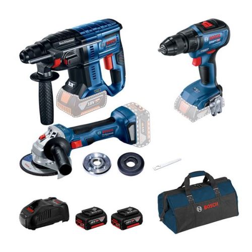 Kit professionnel Bosch : GBH 180-LI + GSR 18V-50 + GWS 180-LI + 2× GBA 18V 5,0Ah + 0615990M32