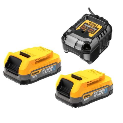 Kit de démarrage Dewalt 18 V XR avec 2 batteries compactes et chargeur Powerstack DCB1102E2