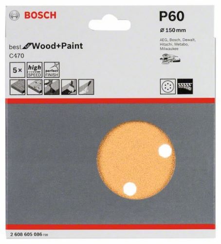 BOSCH Papier abrasif C470, 150 mm, 60 (5 pièces) 2608605086