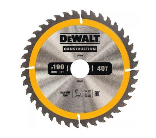 Lame de scie DeWALT 190 x 30 mm, 40 dents, ATB 10°, largeur de lame 1,7 mm, coupe universelle DT1945