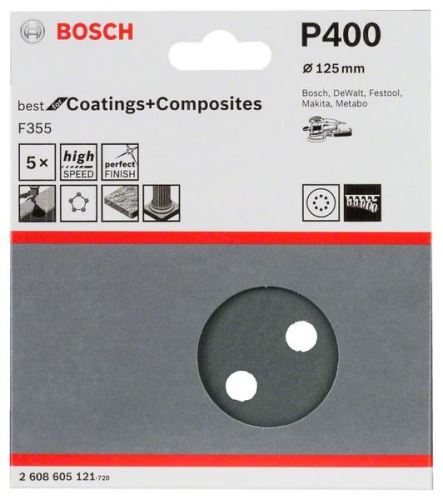 BOSCH Papier abrasif F355, paquet de 5 125 mm, 400 2608605121